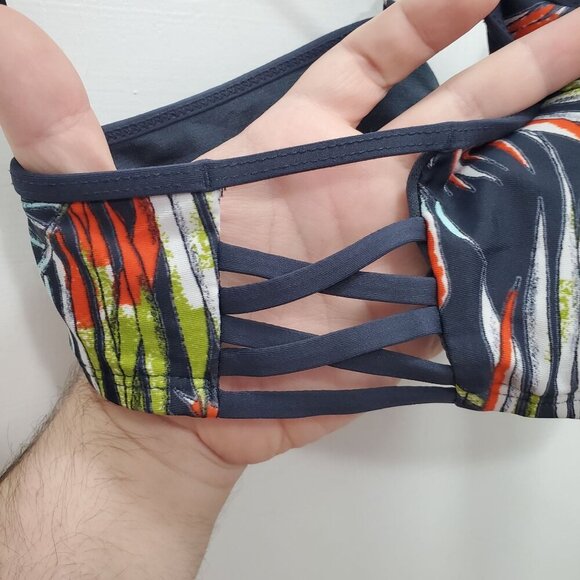 Mossimo Women's Y2K Navy Tropical Leaf Cage Side Pull On Bikini Swim Bralette S - Picture 3 of 7